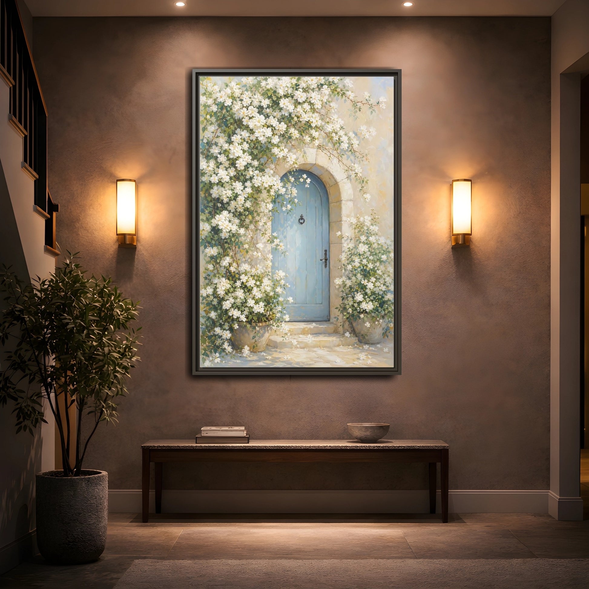 Mockup 2. Blue Door With White Blossoms shown as framed canvas print