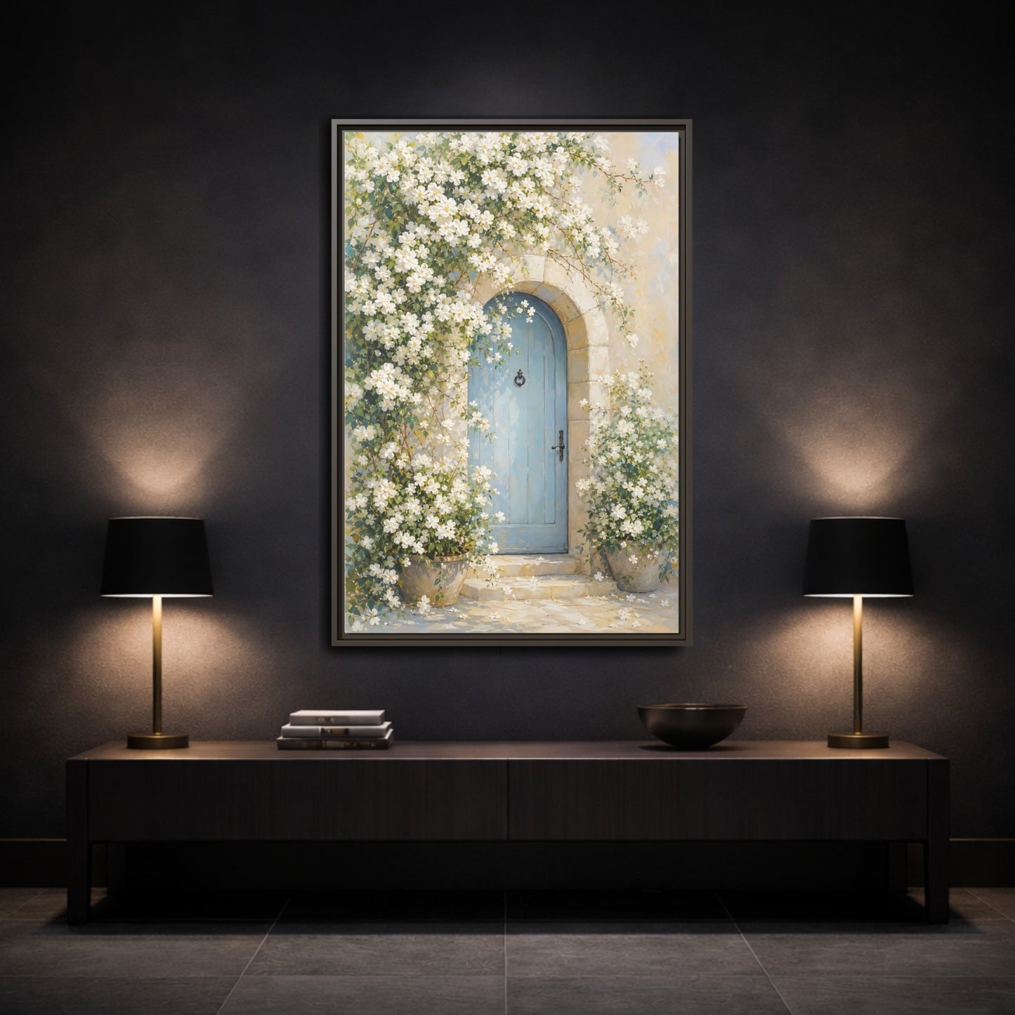 Mockup 3. Blue Door With White Blossoms shown as framed canvas print
