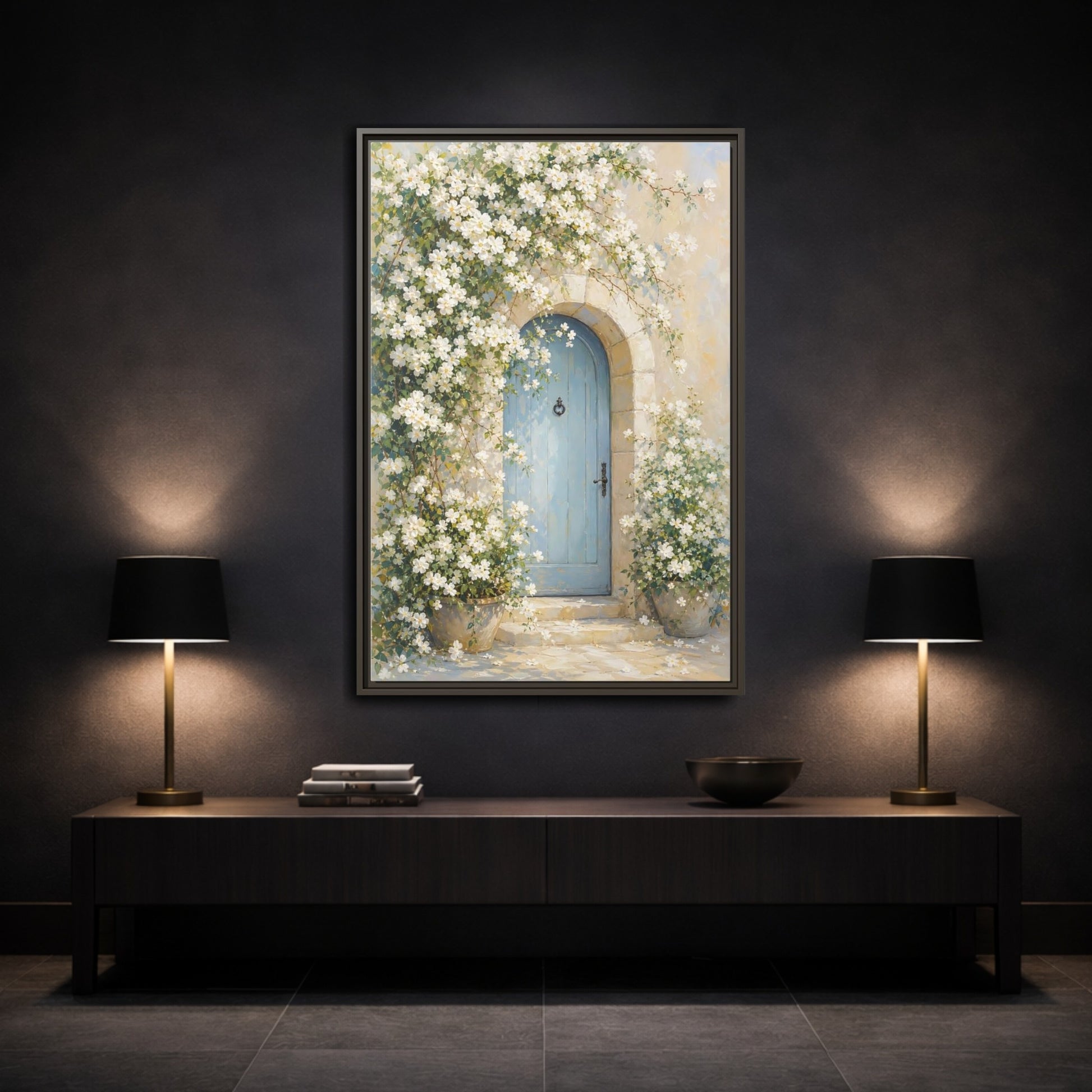 Mockup 3. Blue Door With White Blossoms shown as framed canvas print