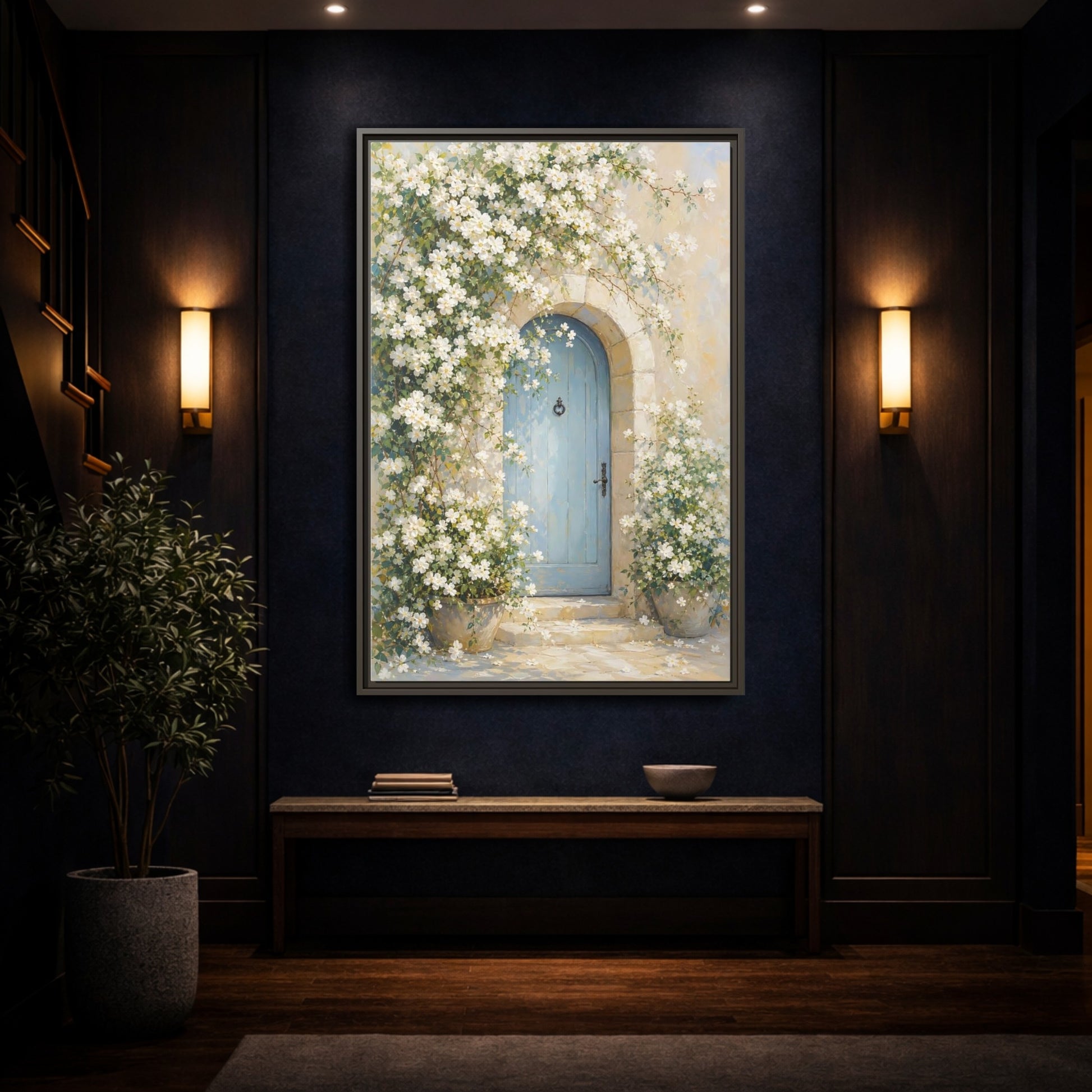 Mockup 4. Blue Door With White Blossoms shown as framed canvas print