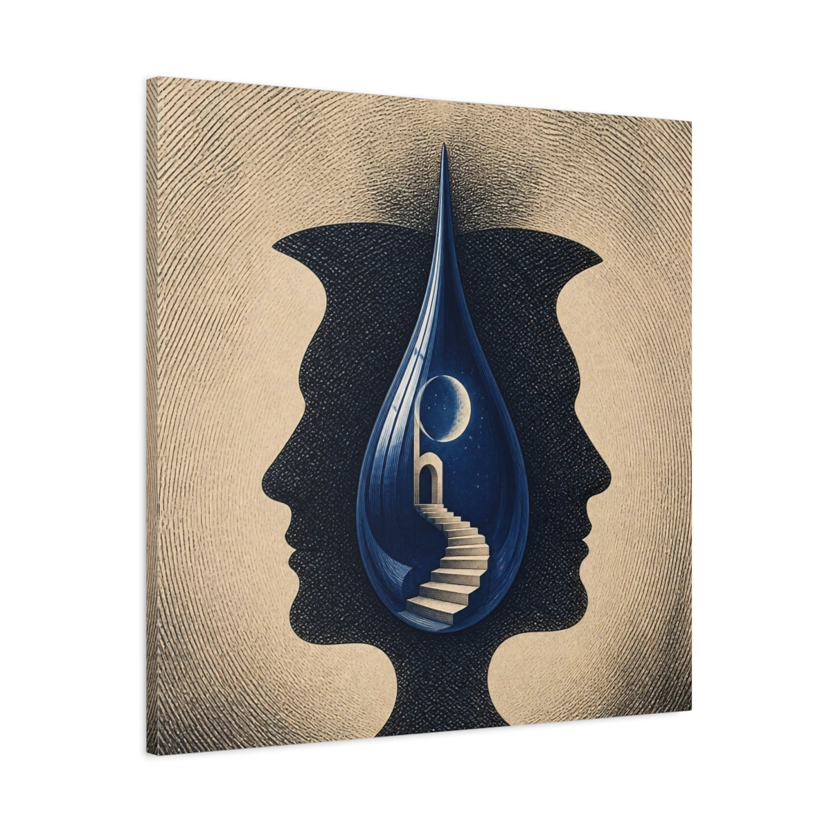 Side Mockup 3. Blue Droplet Illusion shown as canvas print