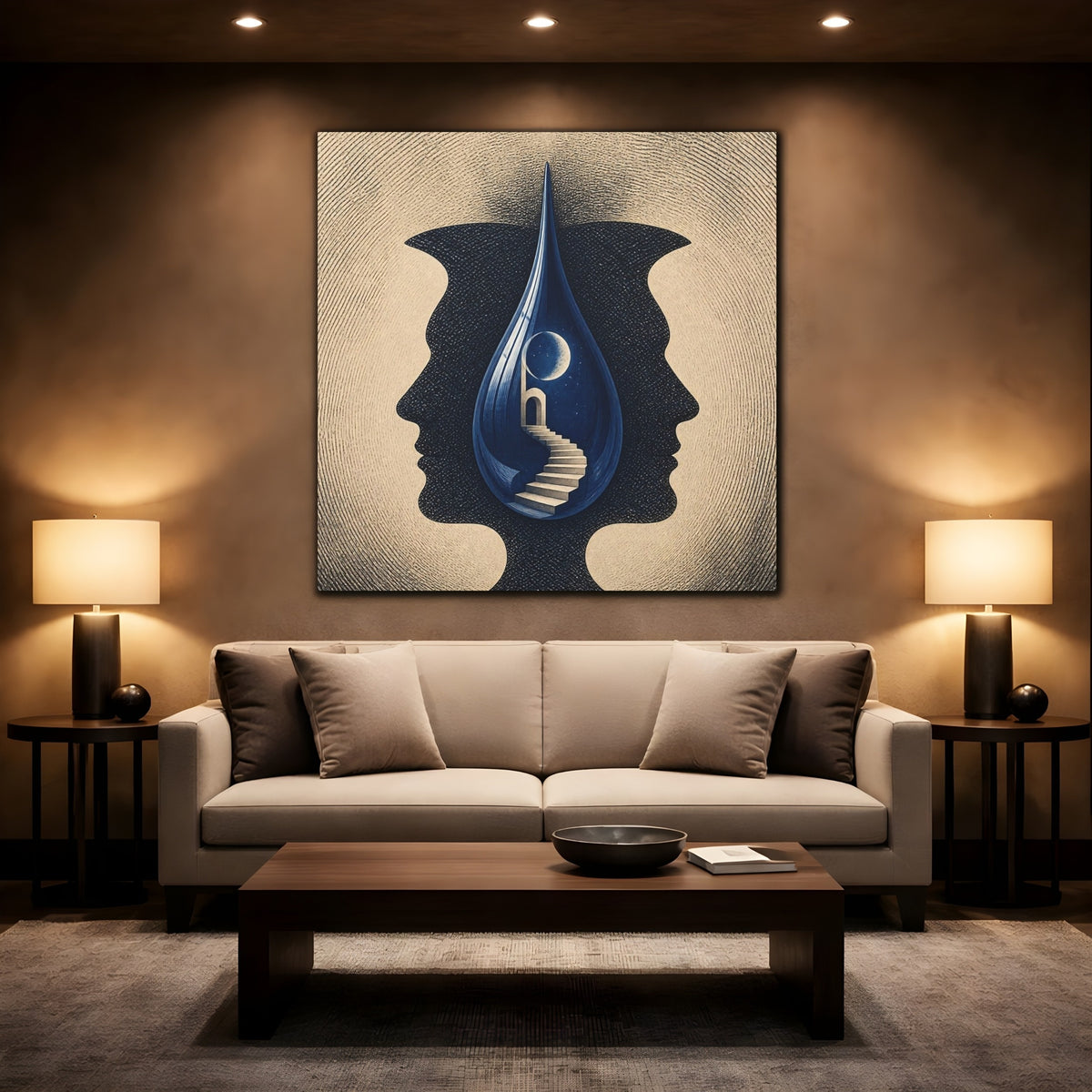 Mockup 2. Blue Droplet Illusion shown as canvas print