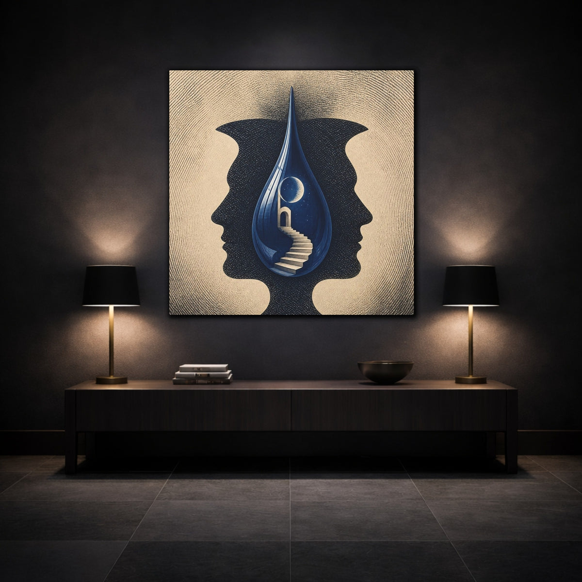 Mockup 3. Blue Droplet Illusion shown as canvas print