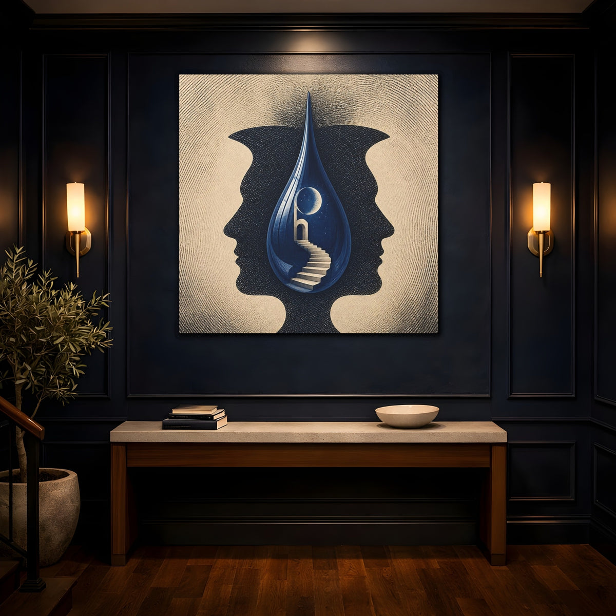 Mockup 4. Blue Droplet Illusion shown as canvas print