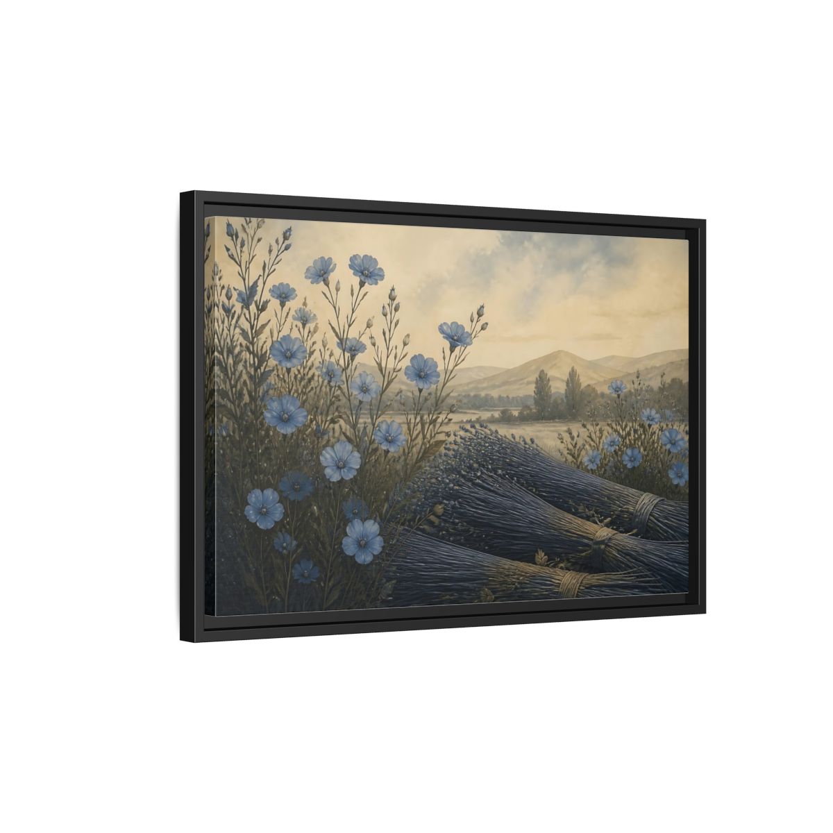 Side Mockup 3. Blue Flax Meadow shown as framed canvas print
