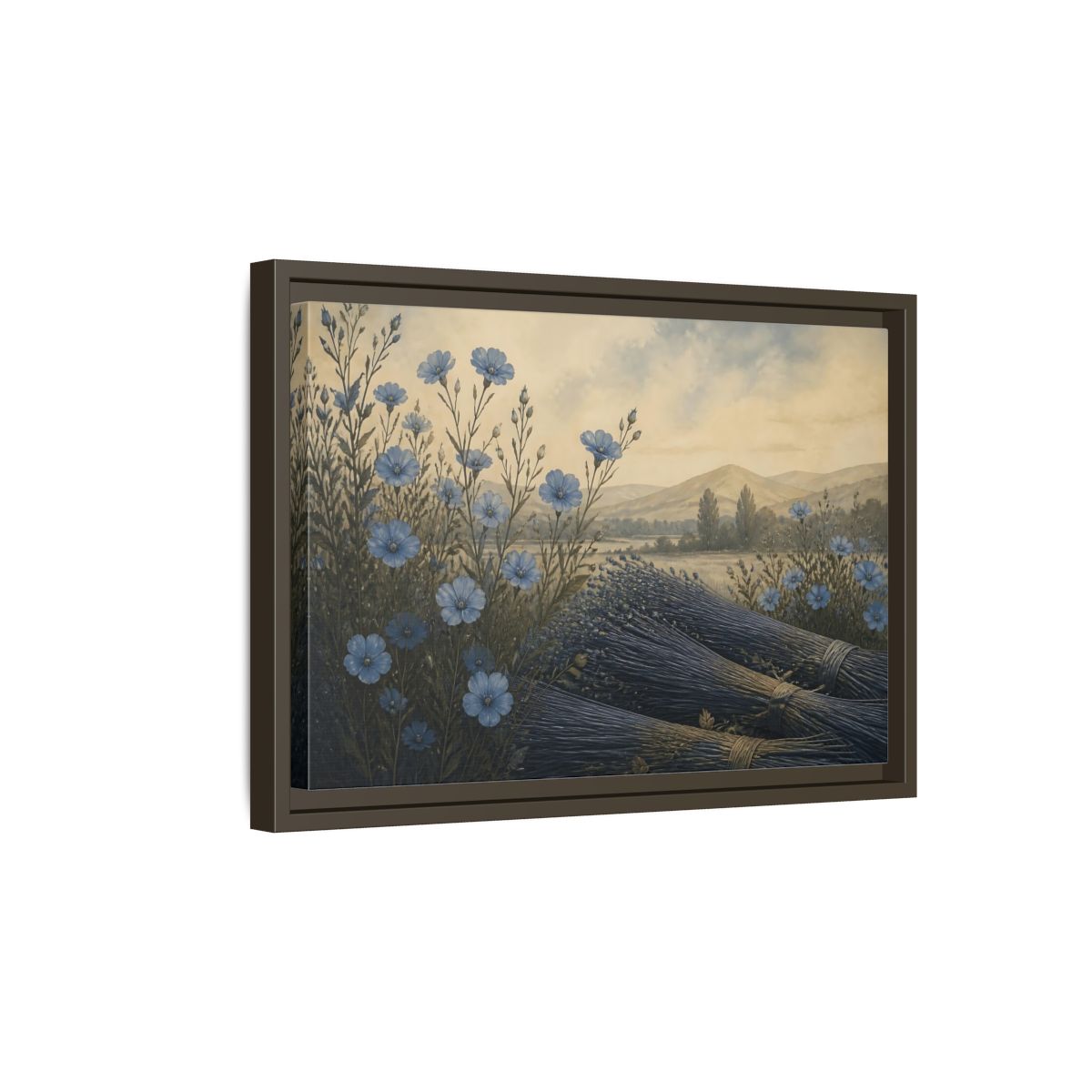 Side Mockup 5. Blue Flax Meadow shown as framed canvas print