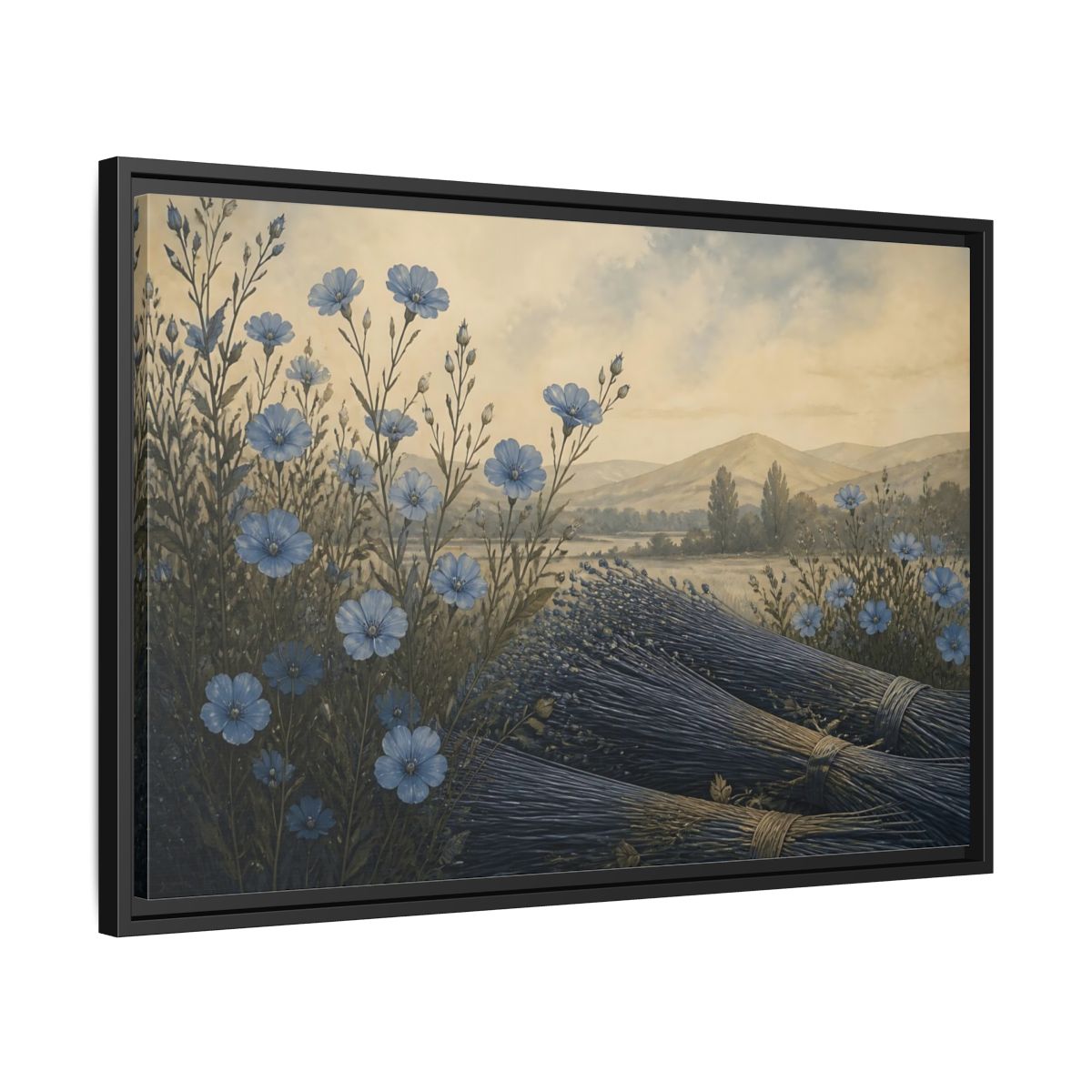 Side Mockup 14. Blue Flax Meadow shown as framed canvas print