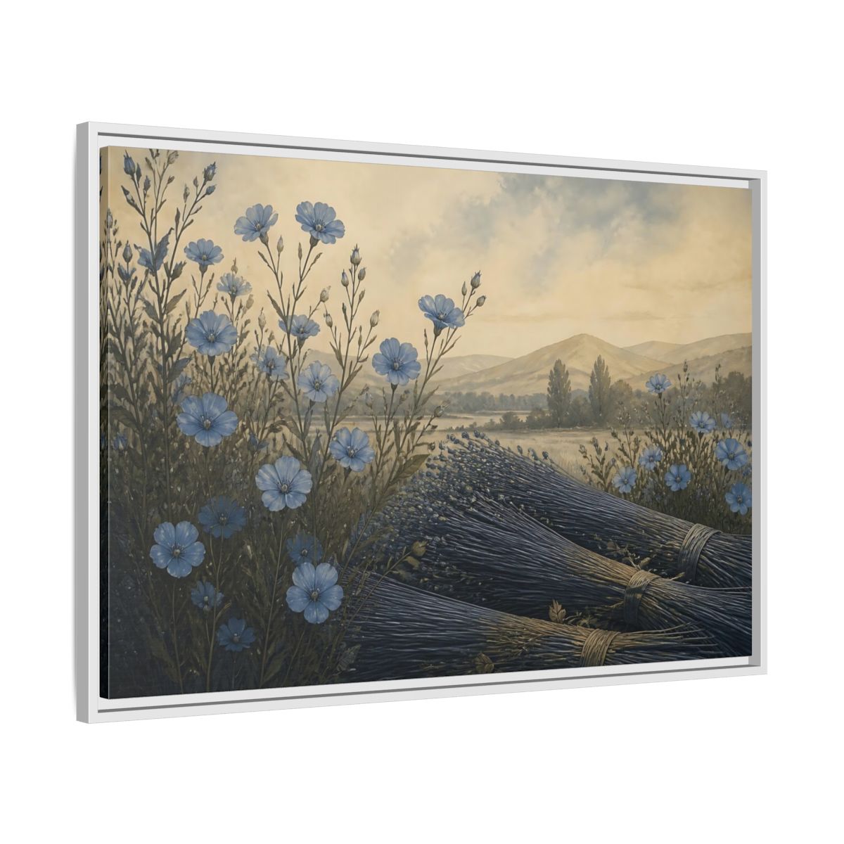 Side Mockup 9. Blue Flax Meadow shown as framed canvas print