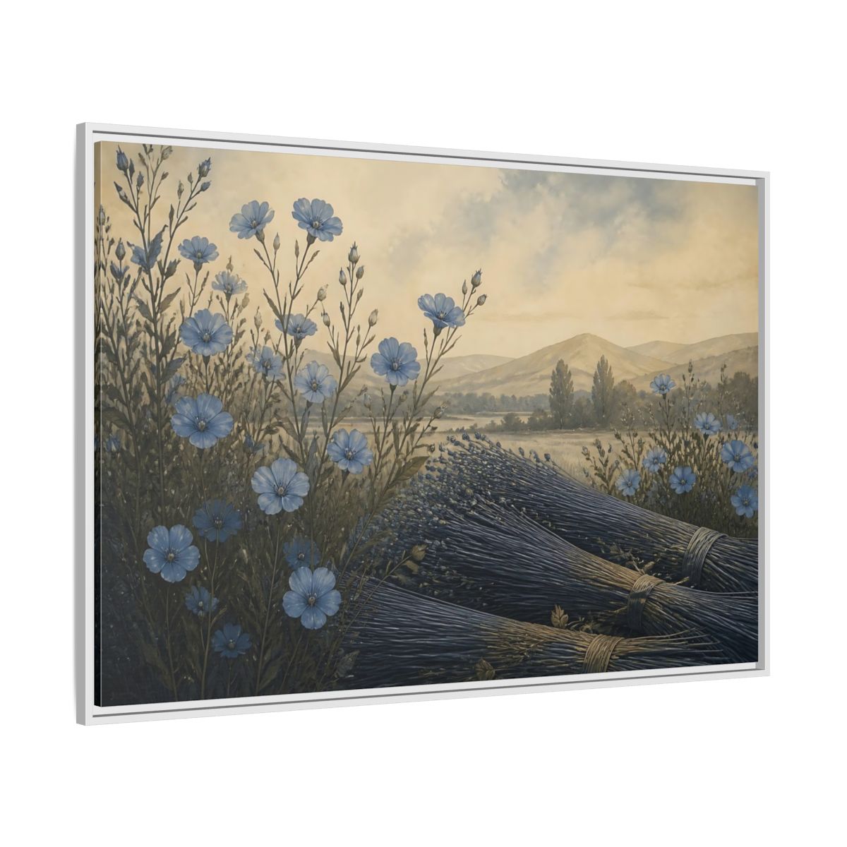 Side Mockup 7. Blue Flax Meadow shown as framed canvas print