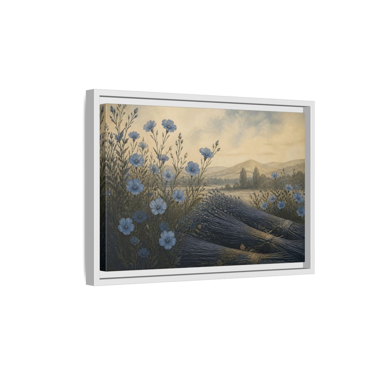 Side Mockup 4. Blue Flax Meadow shown as framed canvas print