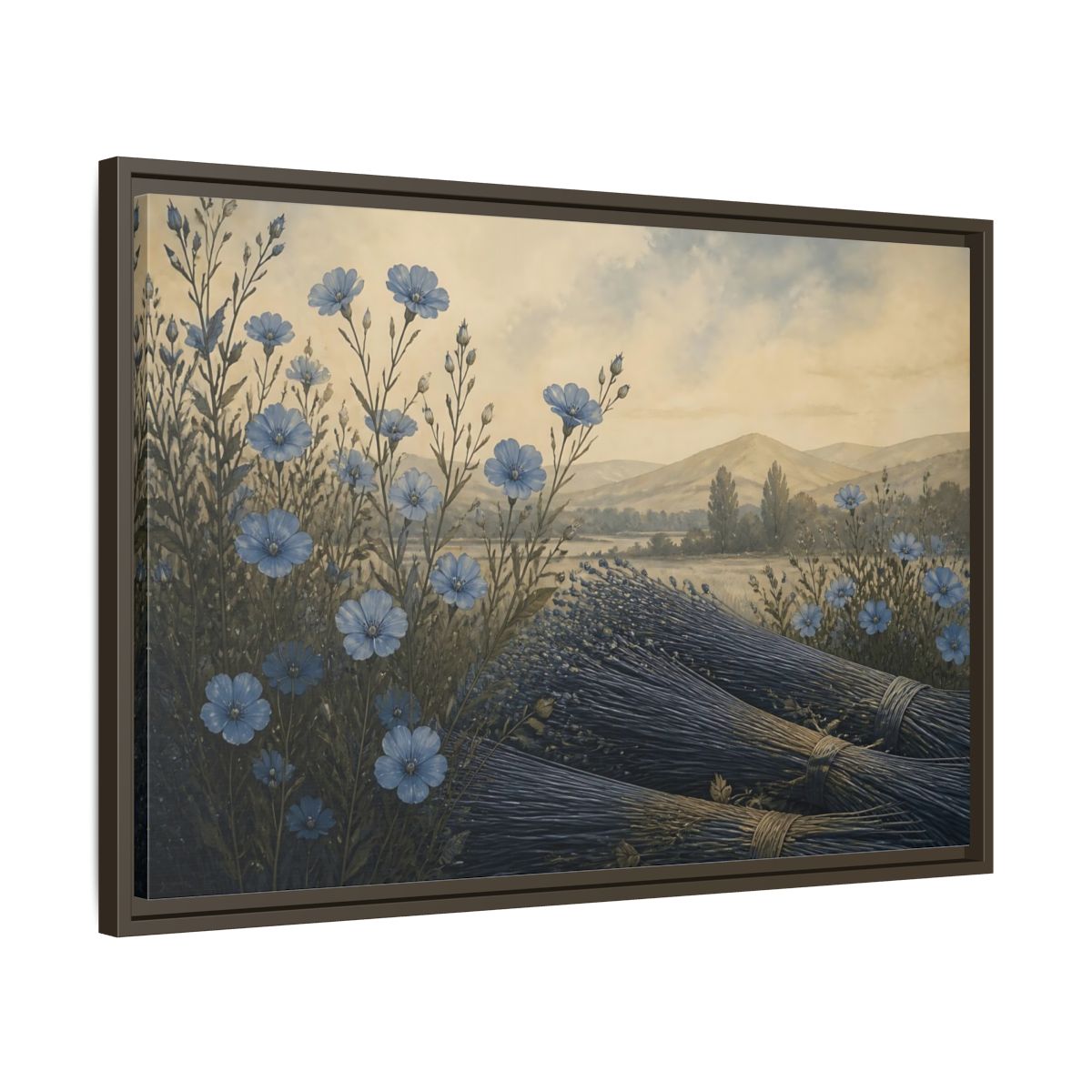 Side Mockup 11. Blue Flax Meadow shown as framed canvas print