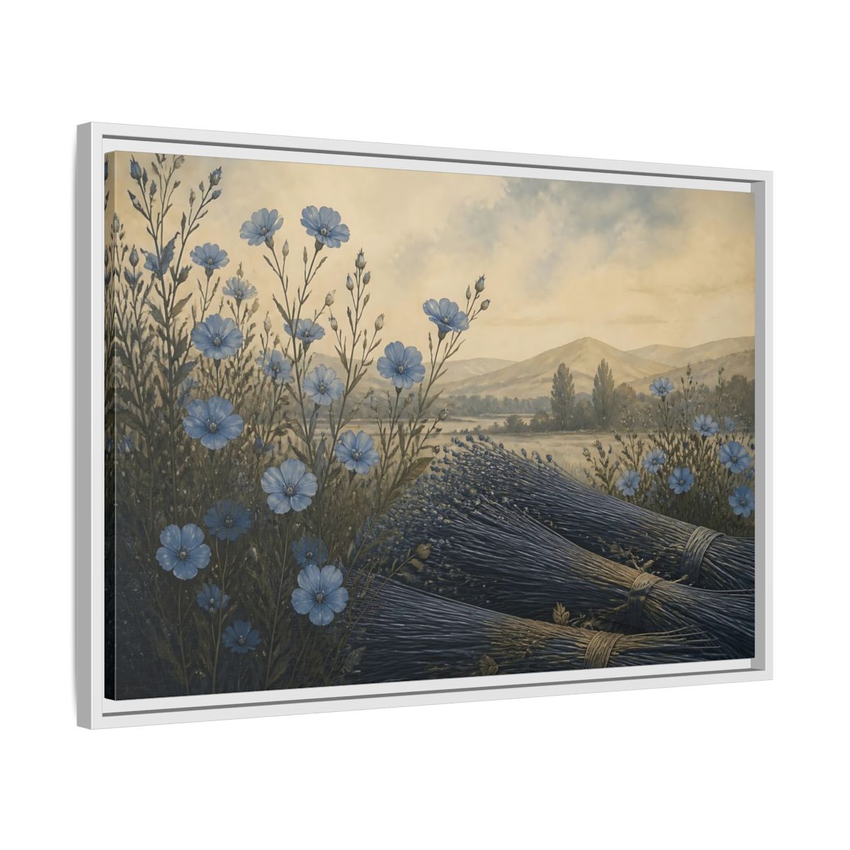 Side Mockup 10. Blue Flax Meadow shown as framed canvas print