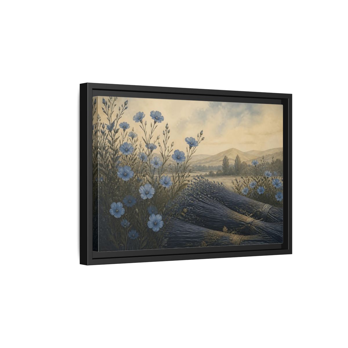 Side Mockup 6. Blue Flax Meadow shown as framed canvas print