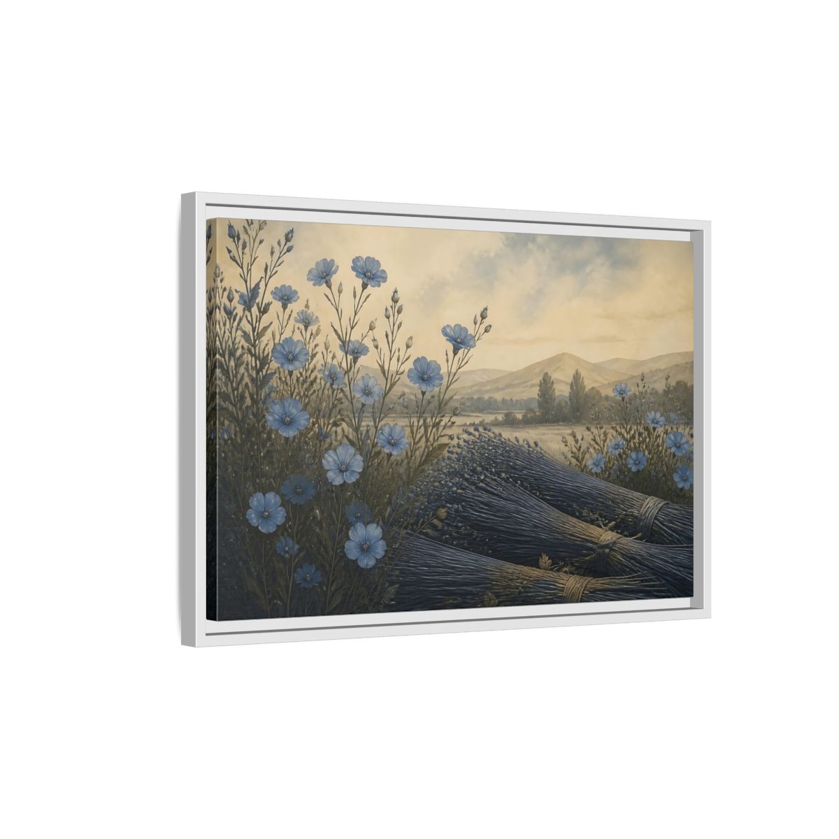 Side Mockup 1. Blue Flax Meadow shown as framed canvas print