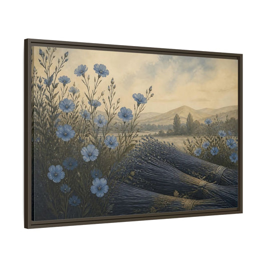 Main Mockup. Blue Flax Meadow shown as framed canvas print