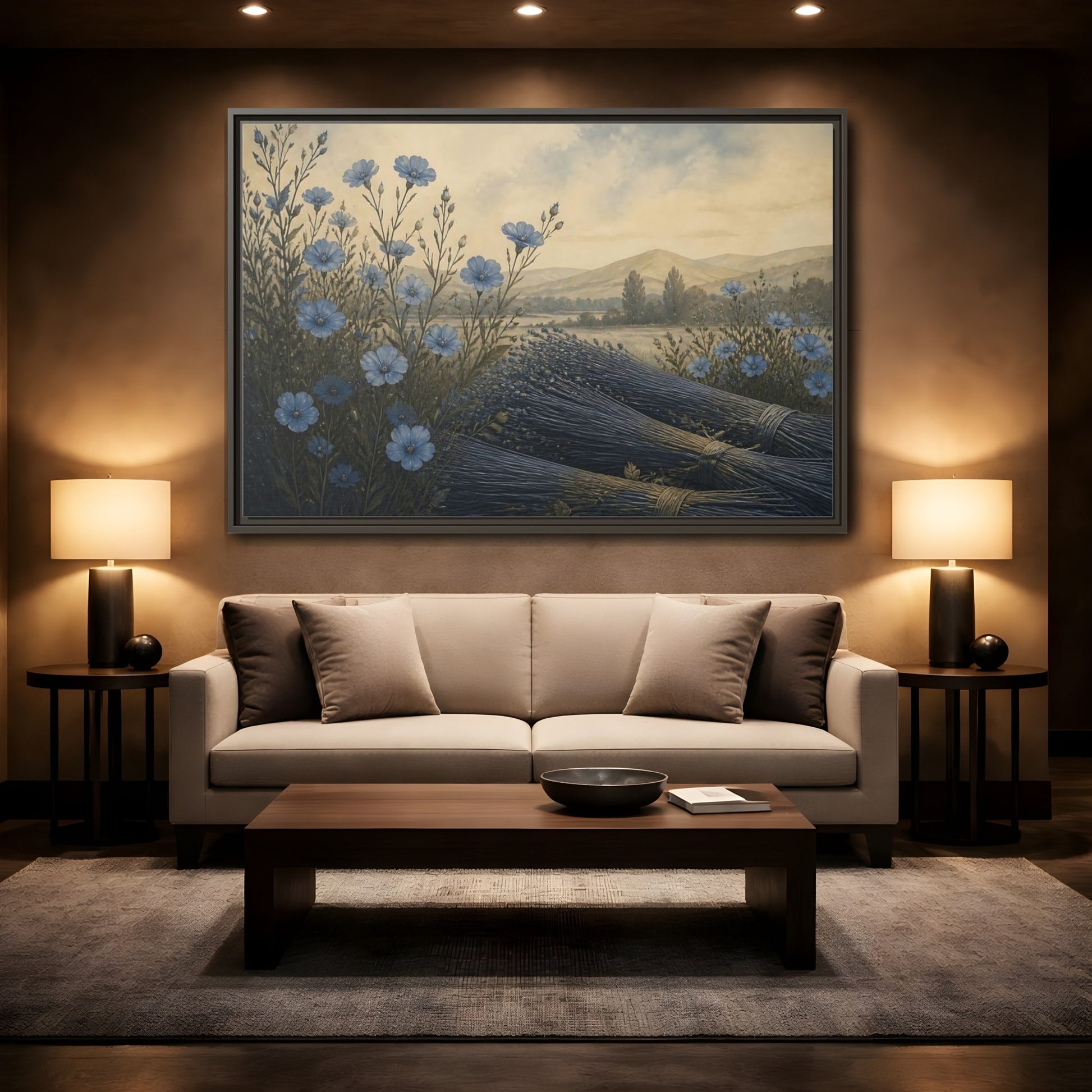 Mockup 2. Blue Flax Meadow shown as framed canvas print
