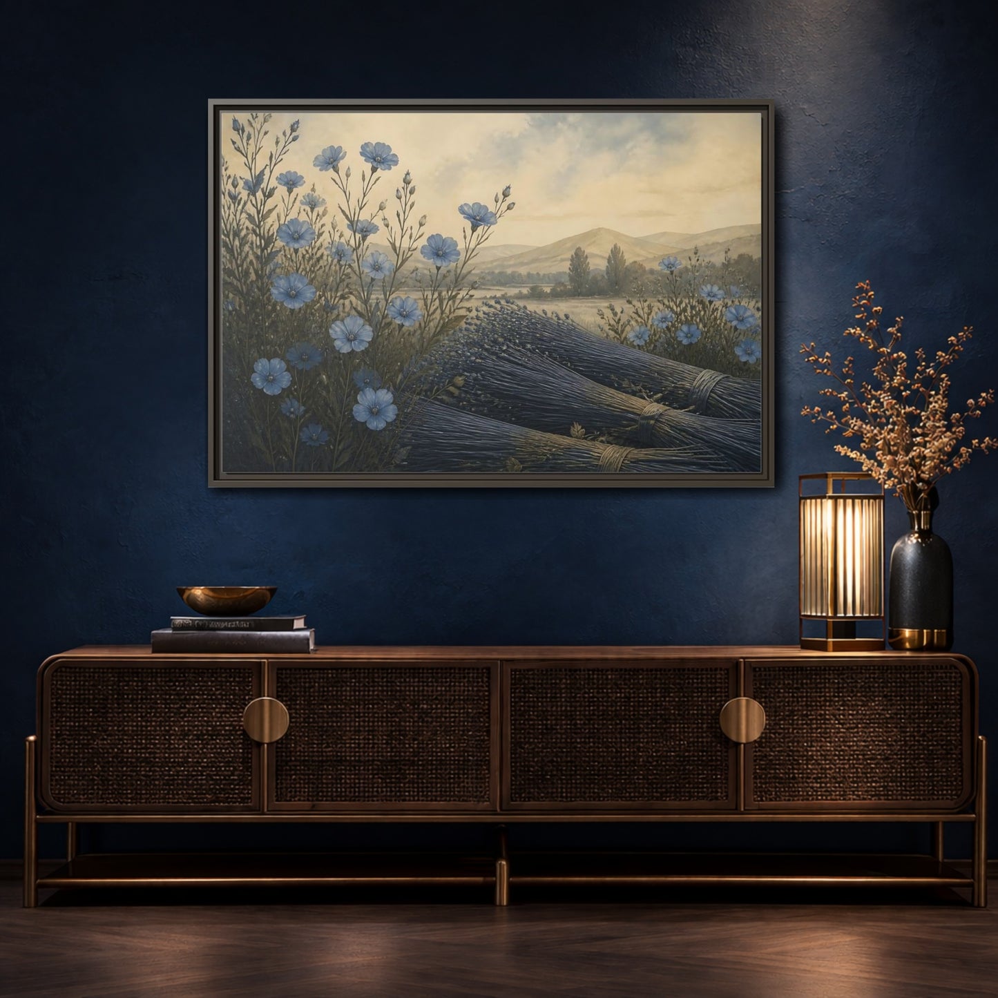 Mockup 4. Blue Flax Meadow shown as framed canvas print
