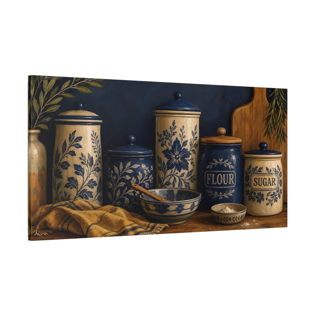 Side Mockup 2. Blue Floral Kitchen Jars shown as canvas print