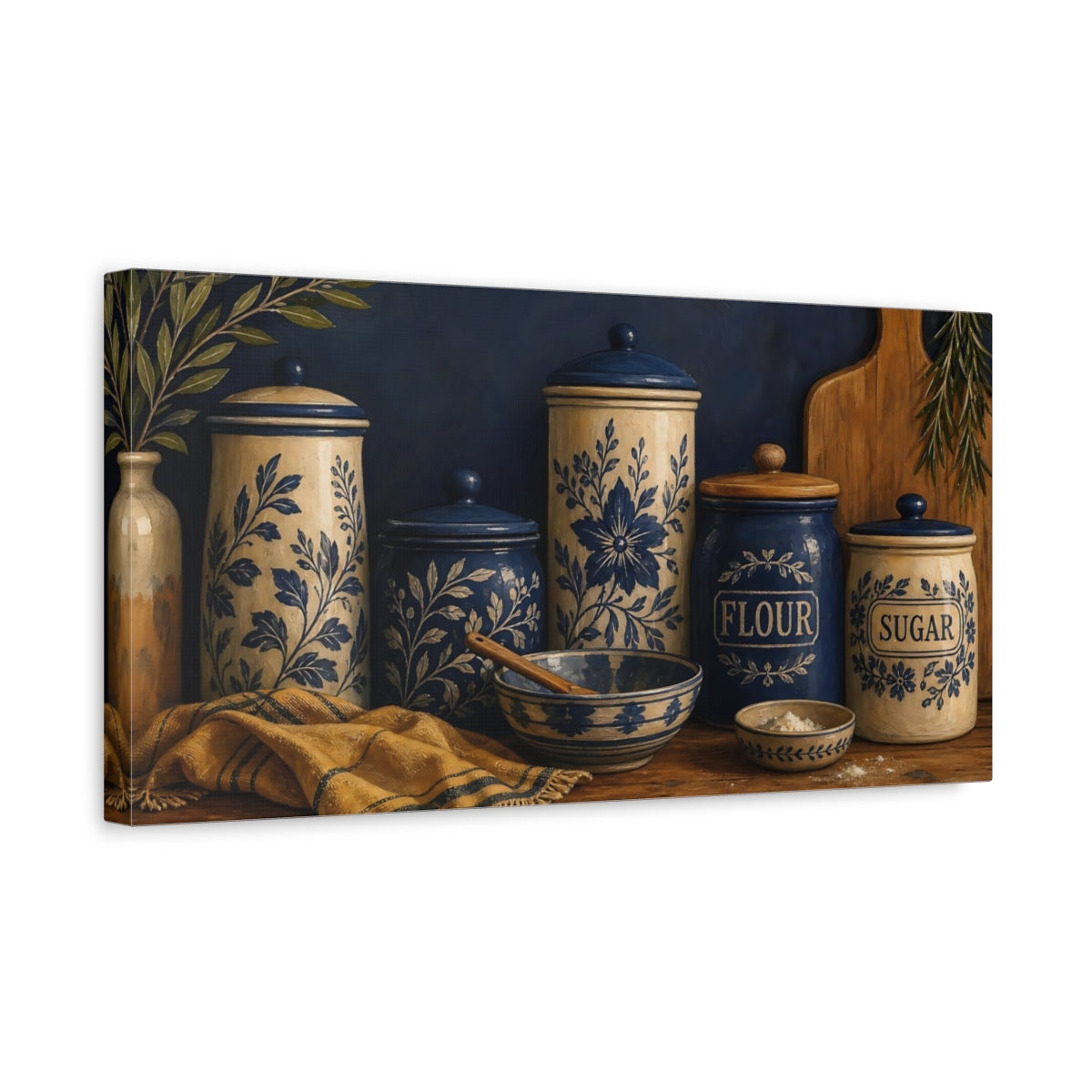 Side Mockup 3. Blue Floral Kitchen Jars shown as canvas print