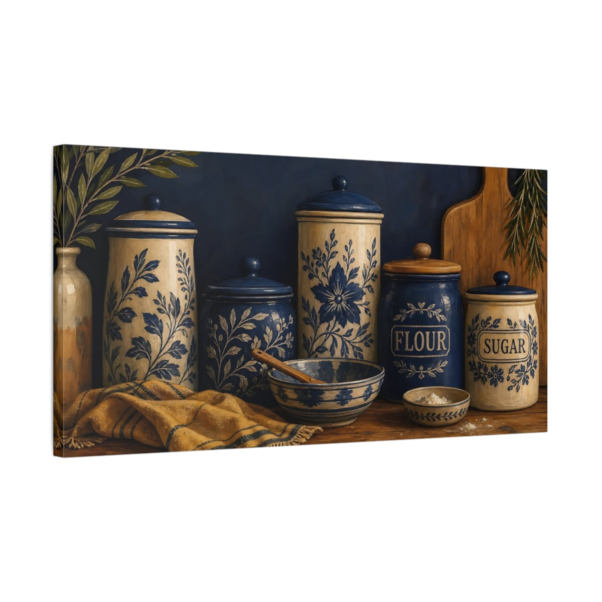 Side Mockup 1. Blue Floral Kitchen Jars shown as canvas print