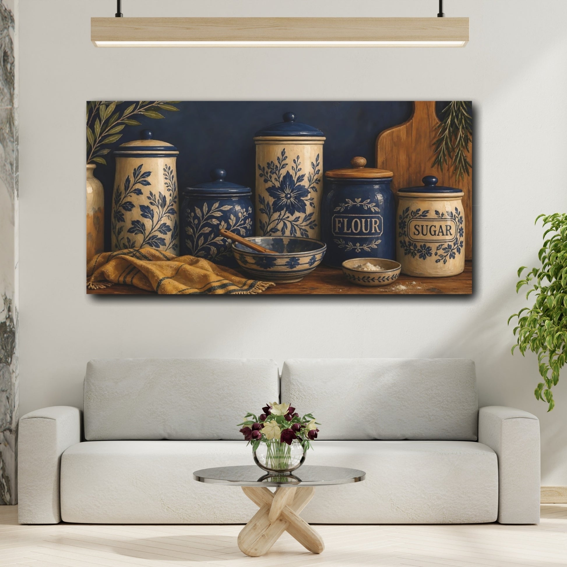 Mockup 2. Blue Floral Kitchen Jars shown as canvas print