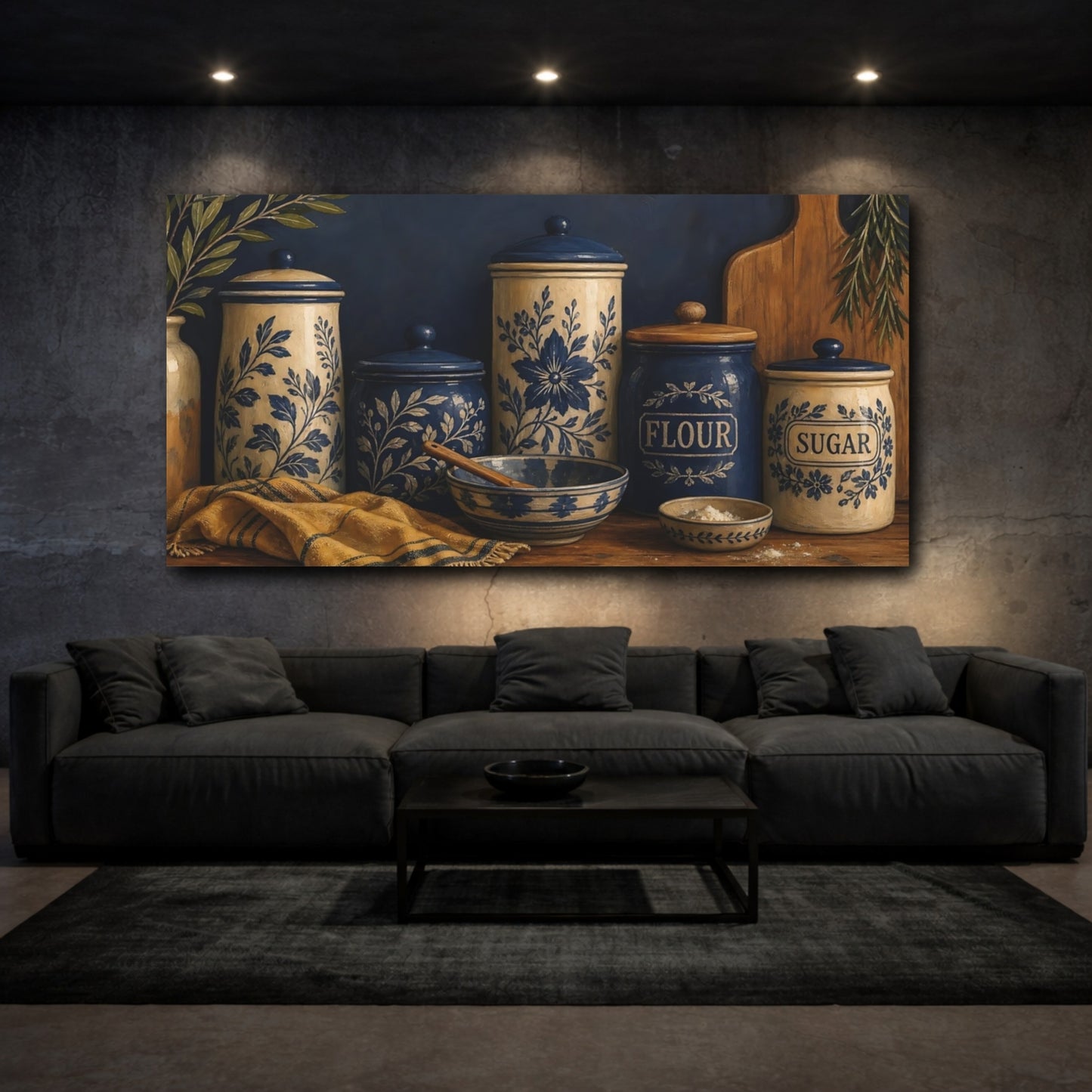 Mockup 3. Blue Floral Kitchen Jars shown as canvas print