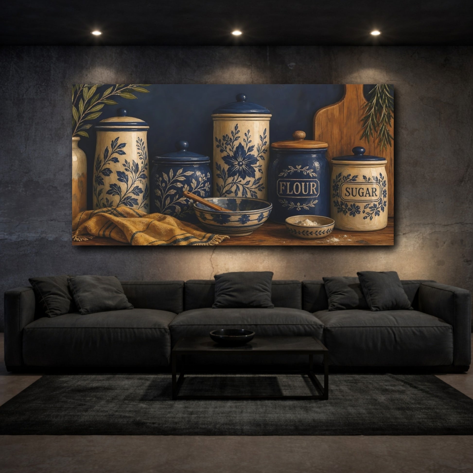 Mockup 3. Blue Floral Kitchen Jars shown as canvas print