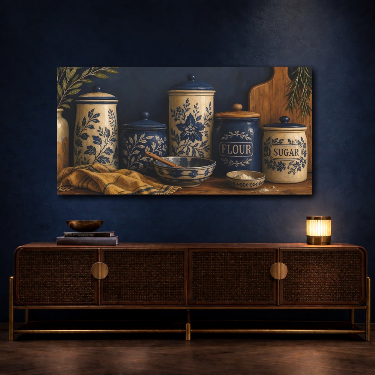 Mockup 4. Blue Floral Kitchen Jars shown as canvas print