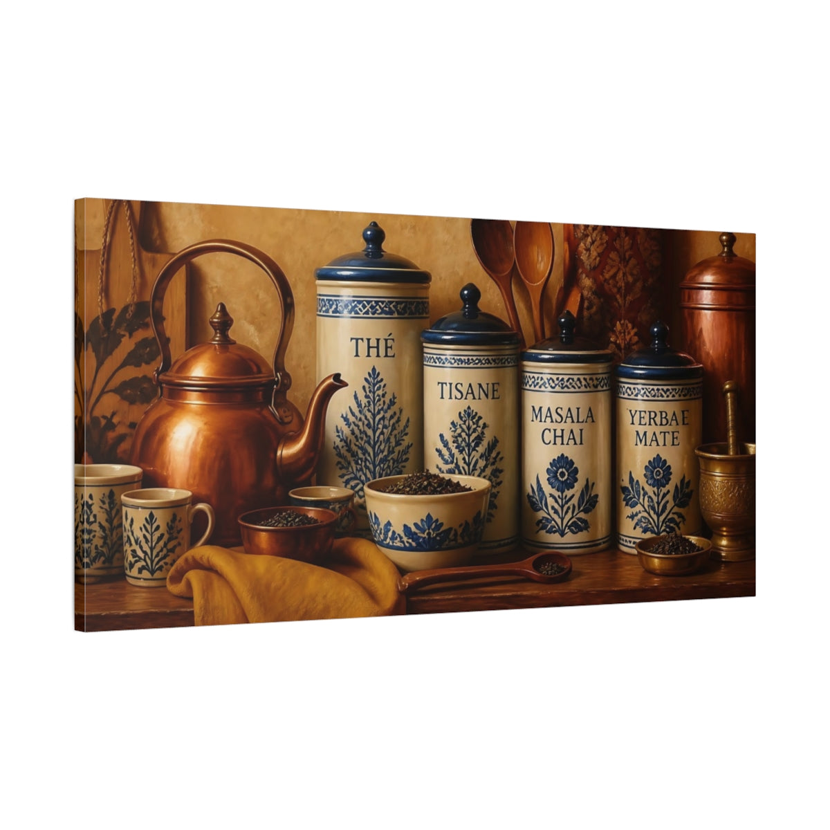 Main Mockup. Blue Floral Tea Canisters shown as canvas print