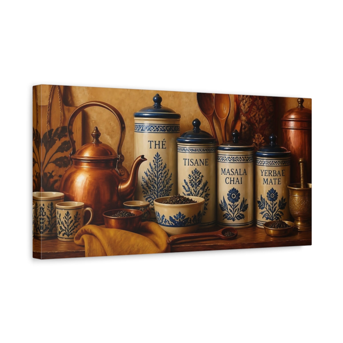 Side Mockup 3. Blue Floral Tea Canisters shown as canvas print