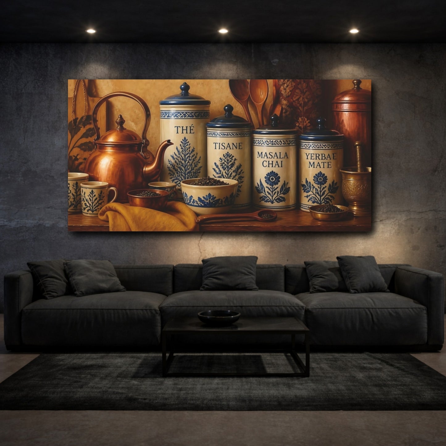 Mockup 3. Blue Floral Tea Canisters shown as canvas print