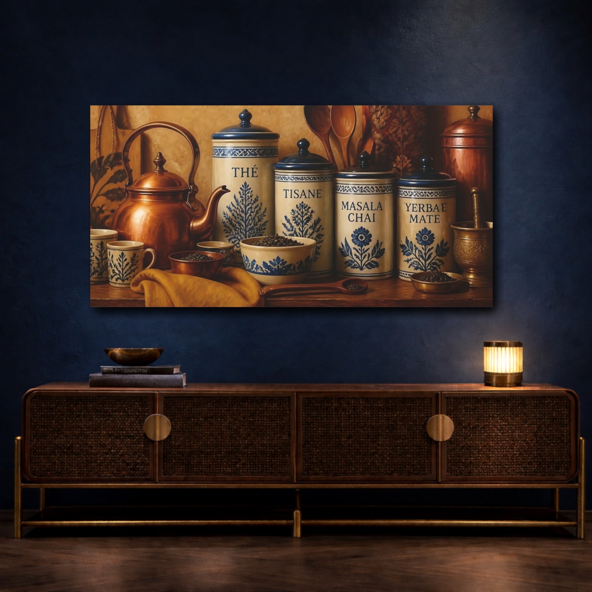 Mockup 4. Blue Floral Tea Canisters shown as canvas print