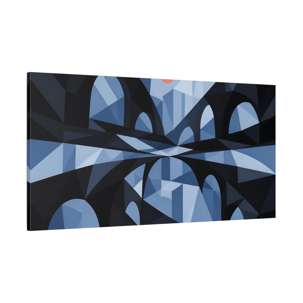 Side Mockup 2. Blue Geometric Arches shown as canvas print