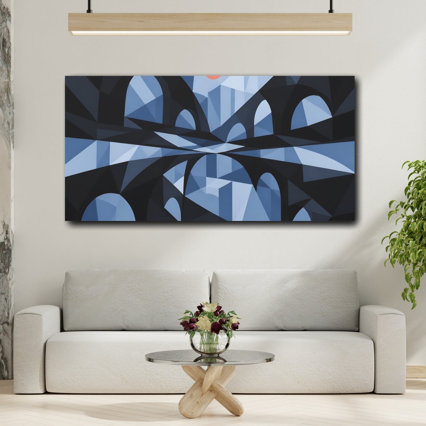 Mockup 2. Blue Geometric Arches shown as canvas print