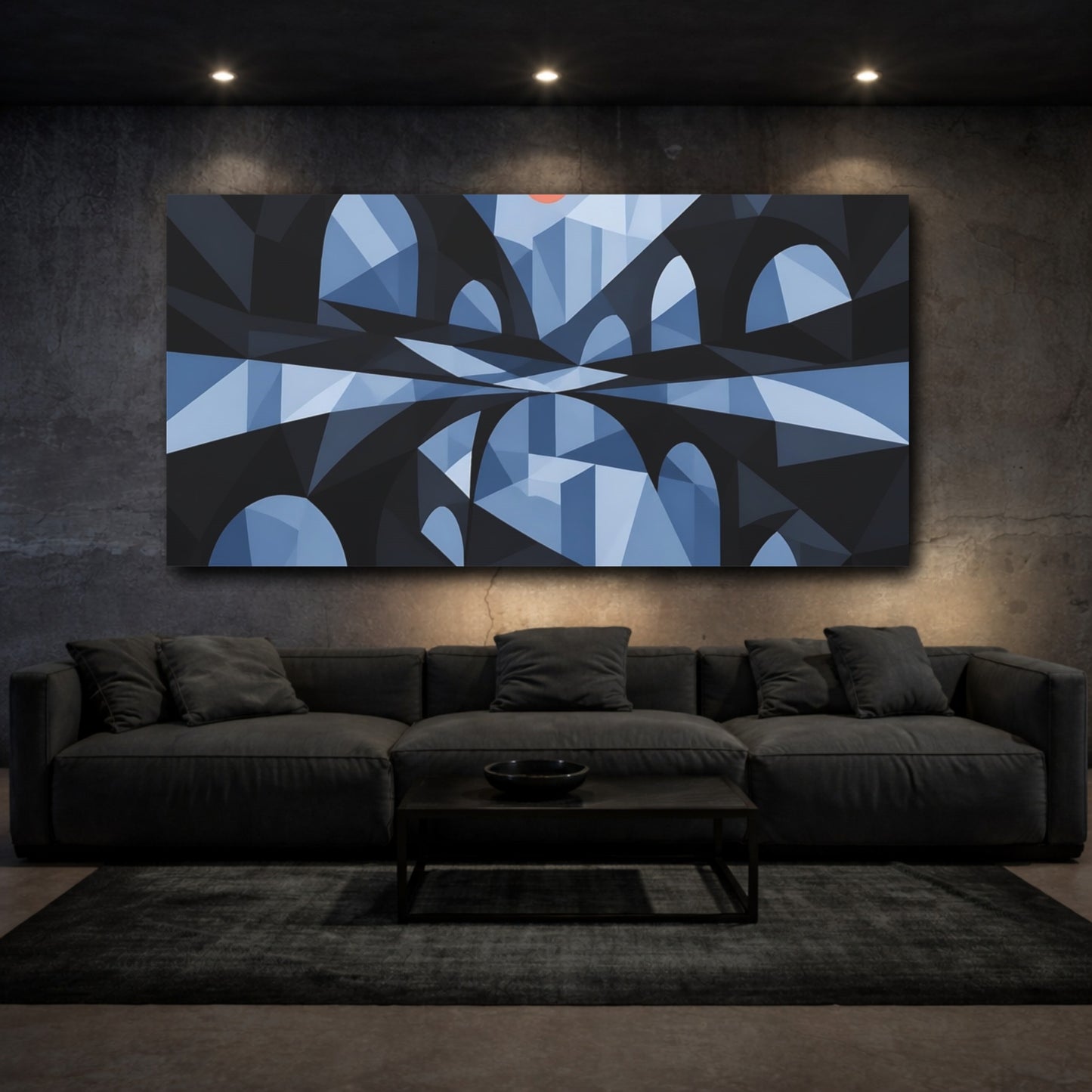 Mockup 3. Blue Geometric Arches shown as canvas print