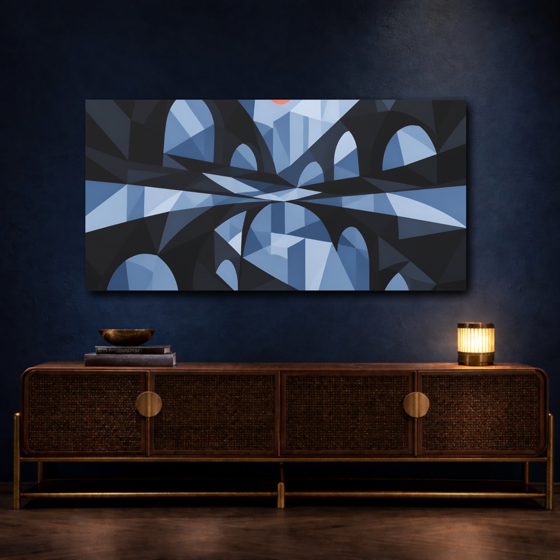 Mockup 4. Blue Geometric Arches shown as canvas print