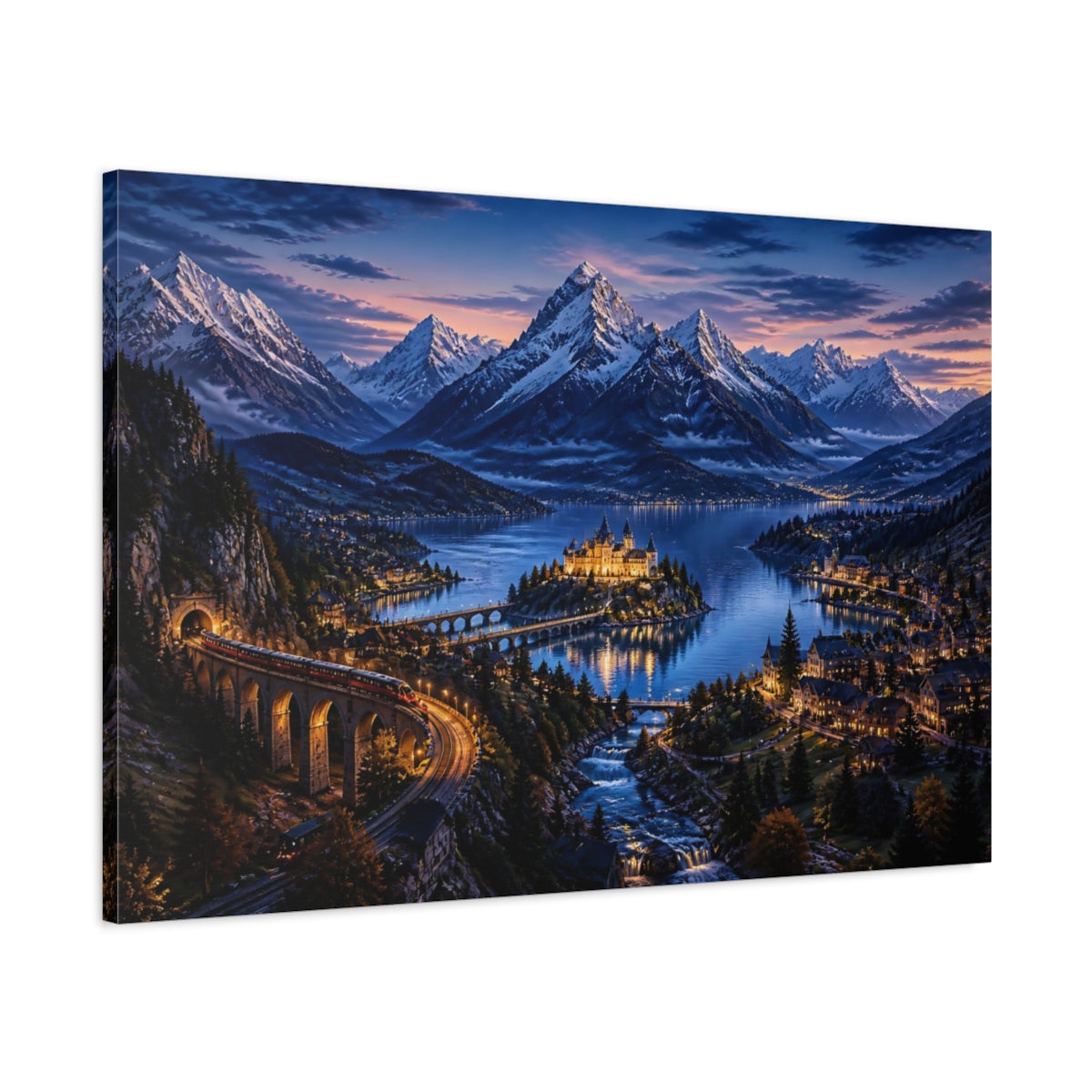 Main Mockup. Blue Hour Alpine Castle shown as canvas print