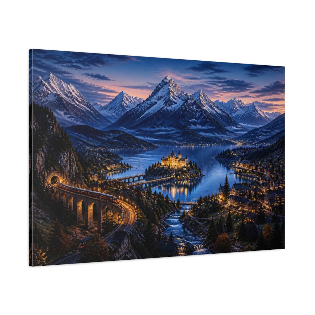 Side Mockup 1. Blue Hour Alpine Castle shown as canvas print