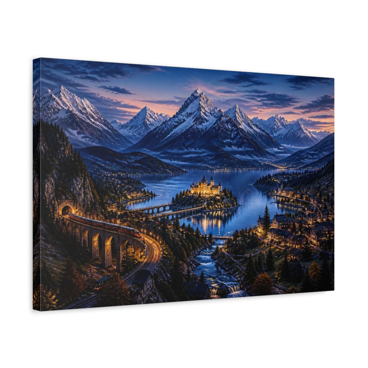 Side Mockup 3. Blue Hour Alpine Castle shown as canvas print