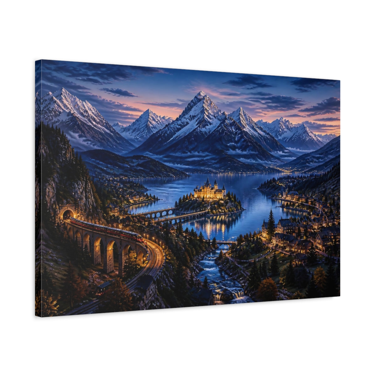 Side Mockup 2. Blue Hour Alpine Castle shown as canvas print