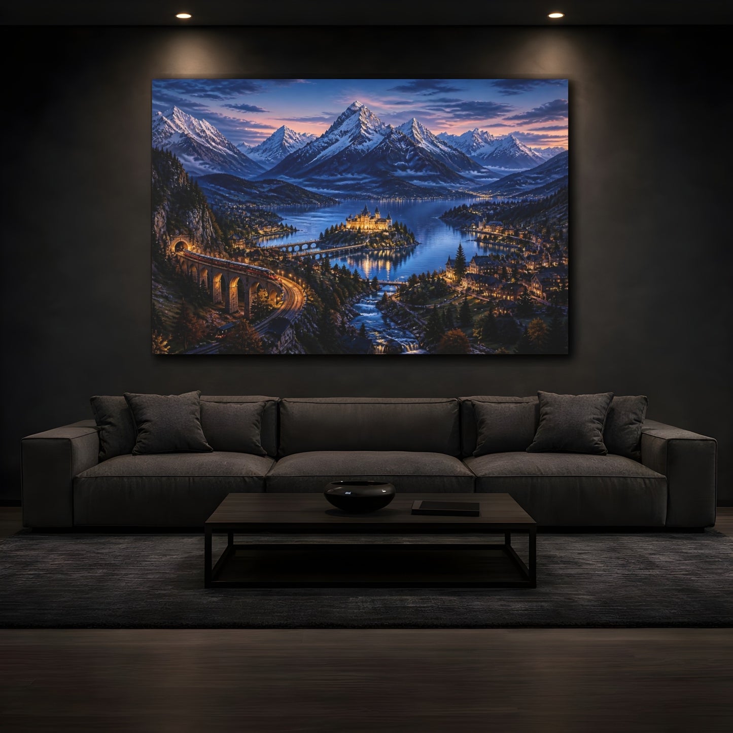 Mockup 3. Blue Hour Alpine Castle shown as canvas print