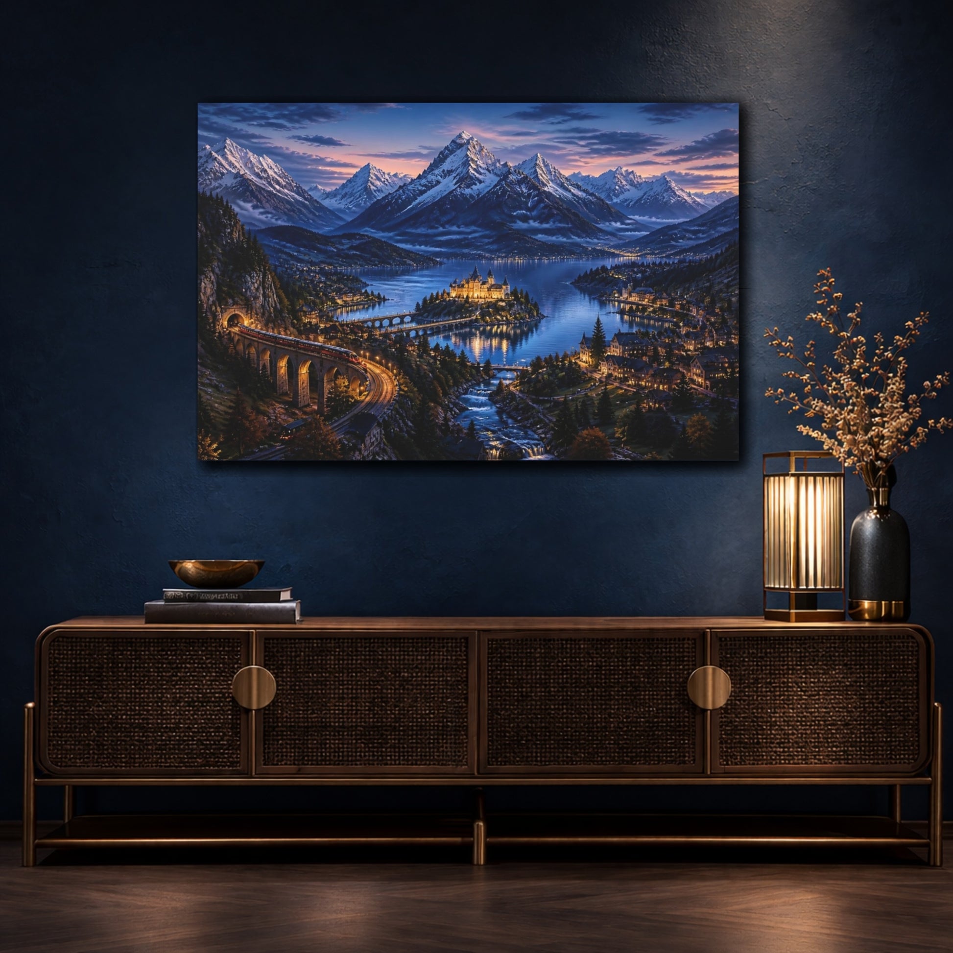 Mockup 4. Blue Hour Alpine Castle shown as canvas print