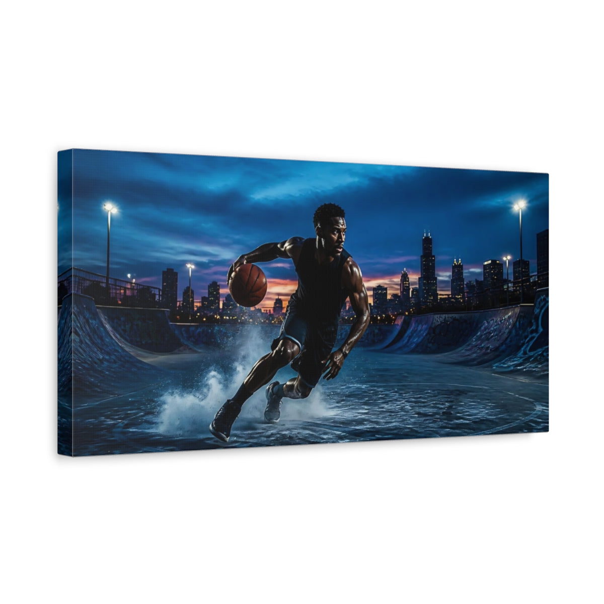 Side Mockup 3. Blue Hour Basketball Drive shown as canvas print