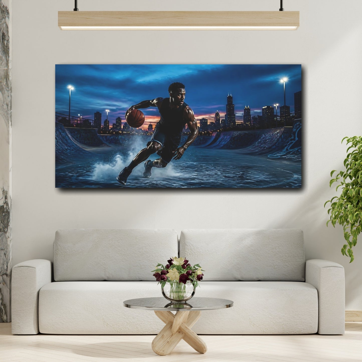 Mockup 2. Blue Hour Basketball Drive shown as canvas print