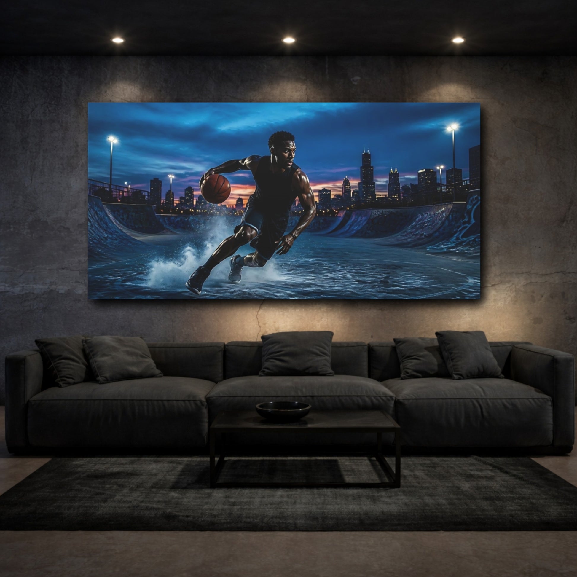 Mockup 3. Blue Hour Basketball Drive shown as canvas print