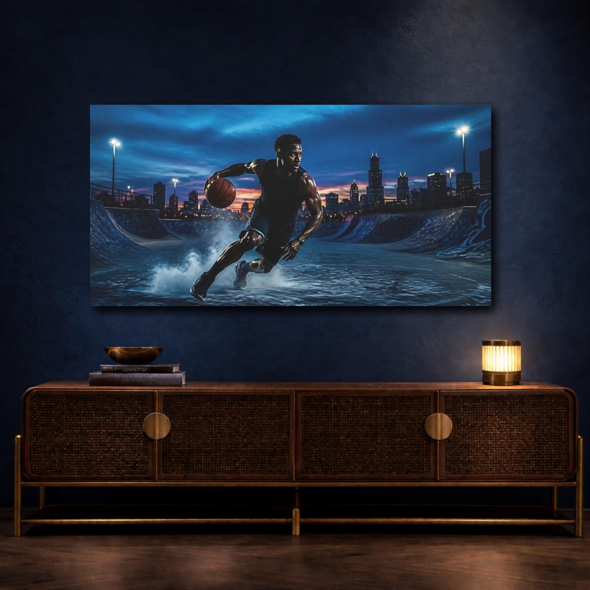 Mockup 4. Blue Hour Basketball Drive shown as canvas print