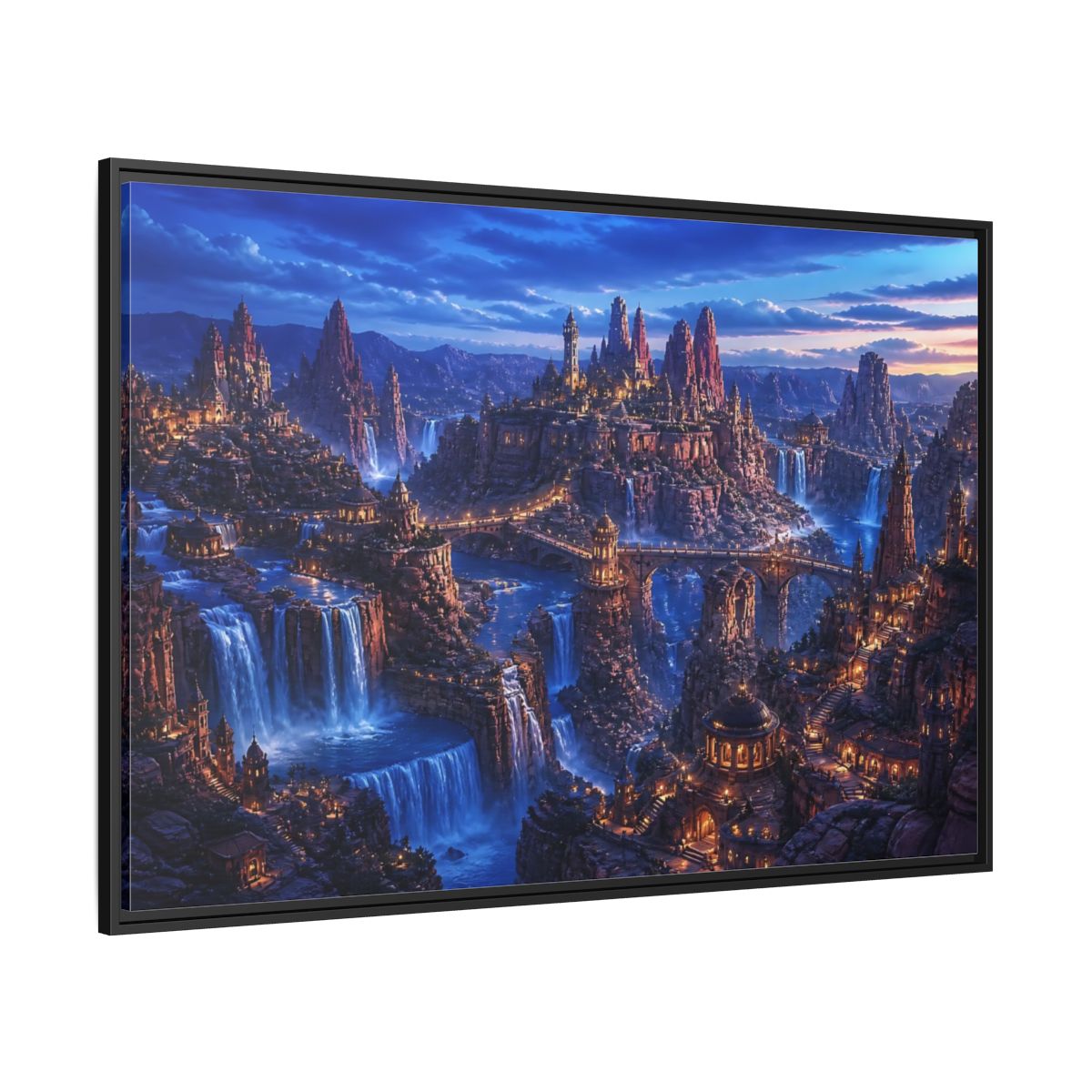 Side Mockup 12. Blue Hour Canyon City shown as framed canvas print