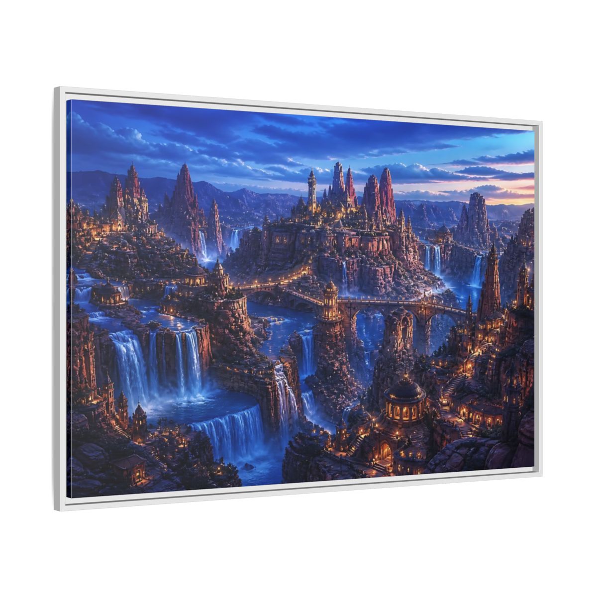 Side Mockup 7. Blue Hour Canyon City shown as framed canvas print