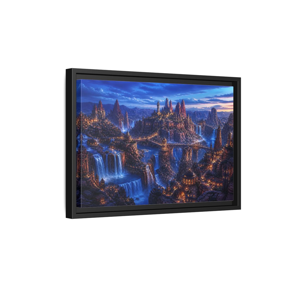 Side Mockup 6. Blue Hour Canyon City shown as framed canvas print