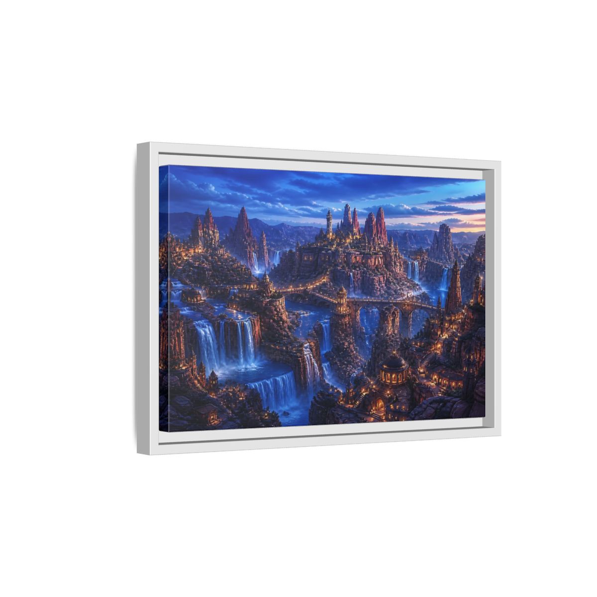 Side Mockup 4. Blue Hour Canyon City shown as framed canvas print